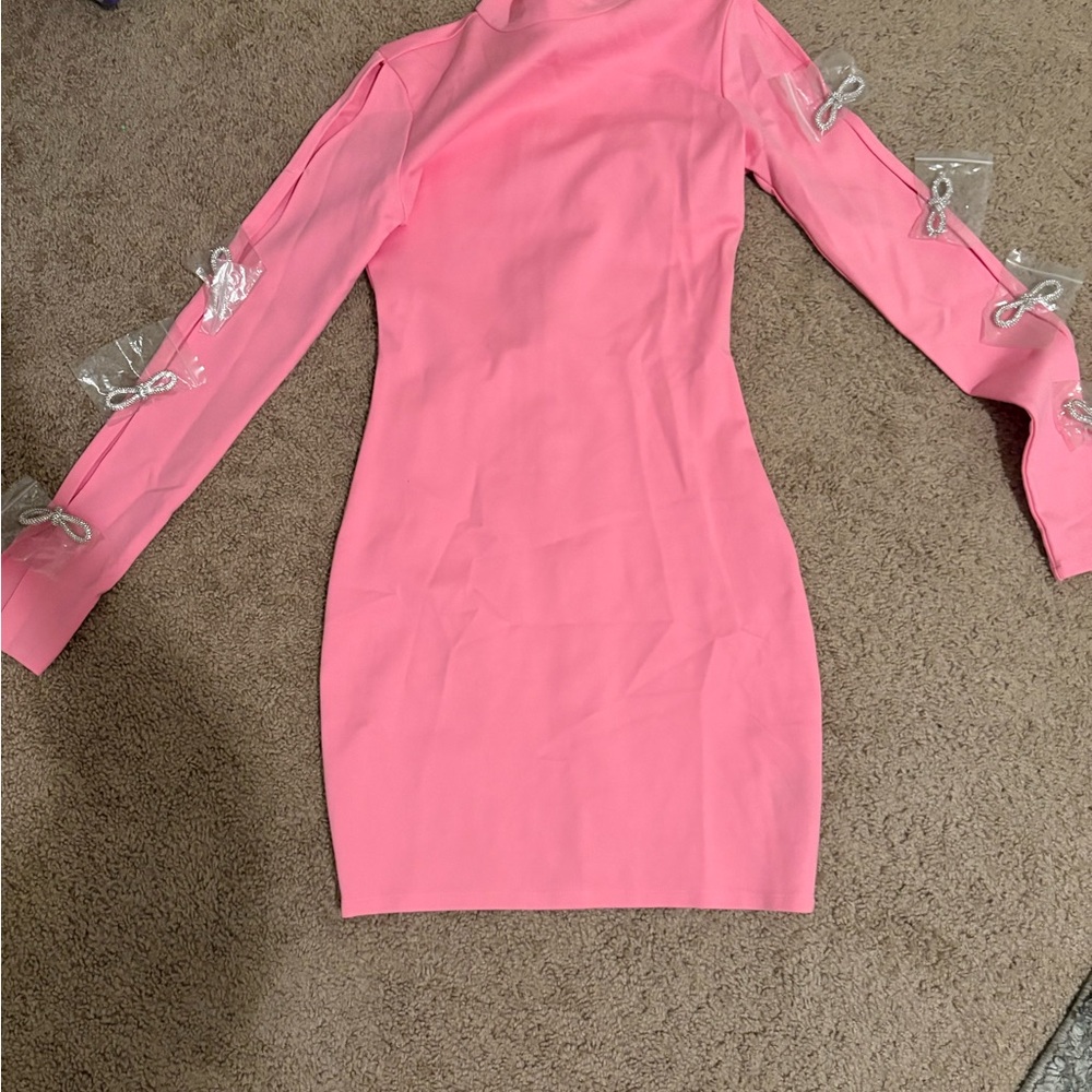 Fashion Nova Pink Long-Sleeve Mini Dress with Bow Sleeve Accents
